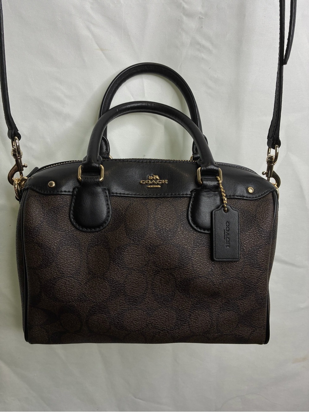 Coach Brown & Black Signature Satchel with Gold Hardware